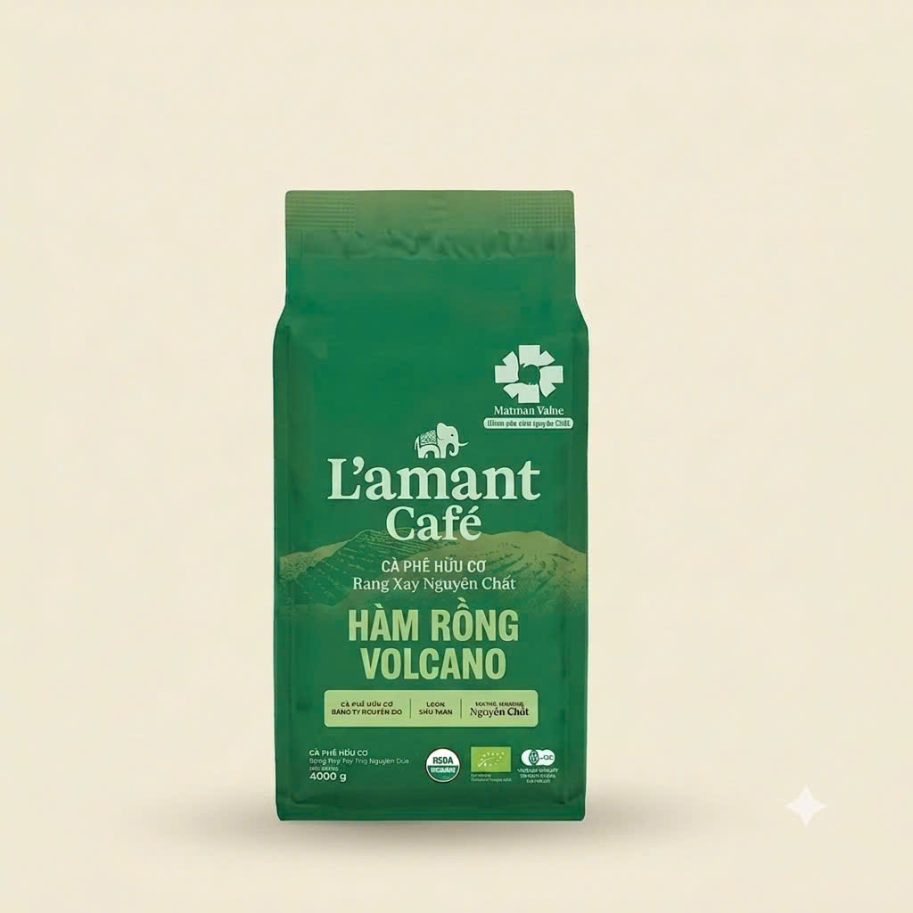 Cà Phê Hữu Cơ L’amant Núi Hàm Rồng – 100% Robusta Organic – Vị Chocolate & Hạt Hạnh Nhân – 250g
